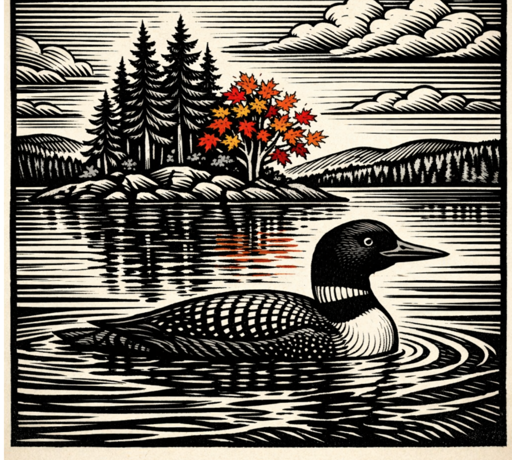 Woodcut Picture of Loon on lake with fall Maple.