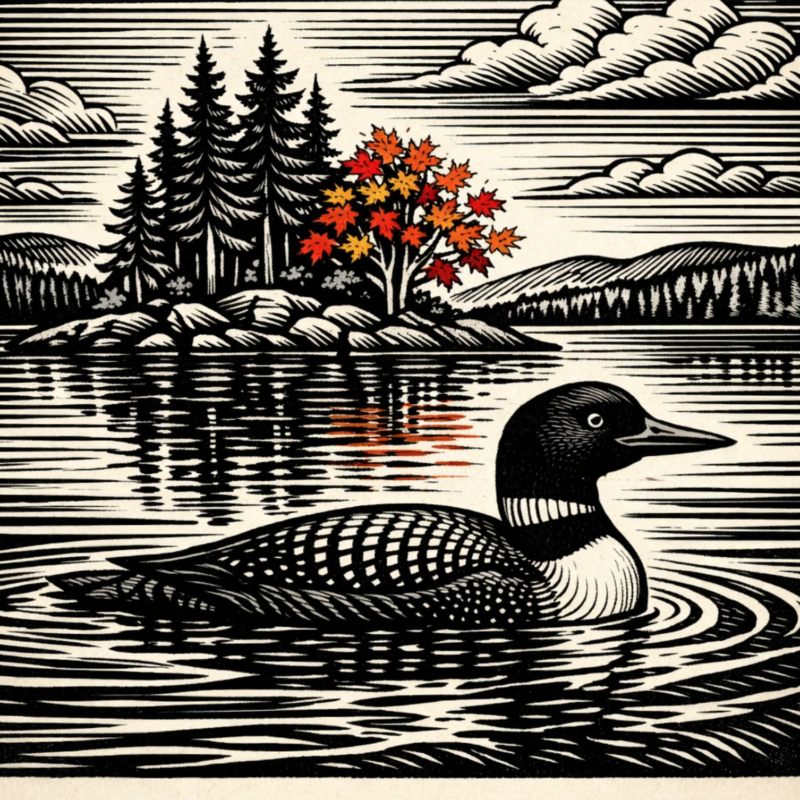 Woodcut Picture of Loon on lake with fall Maple.