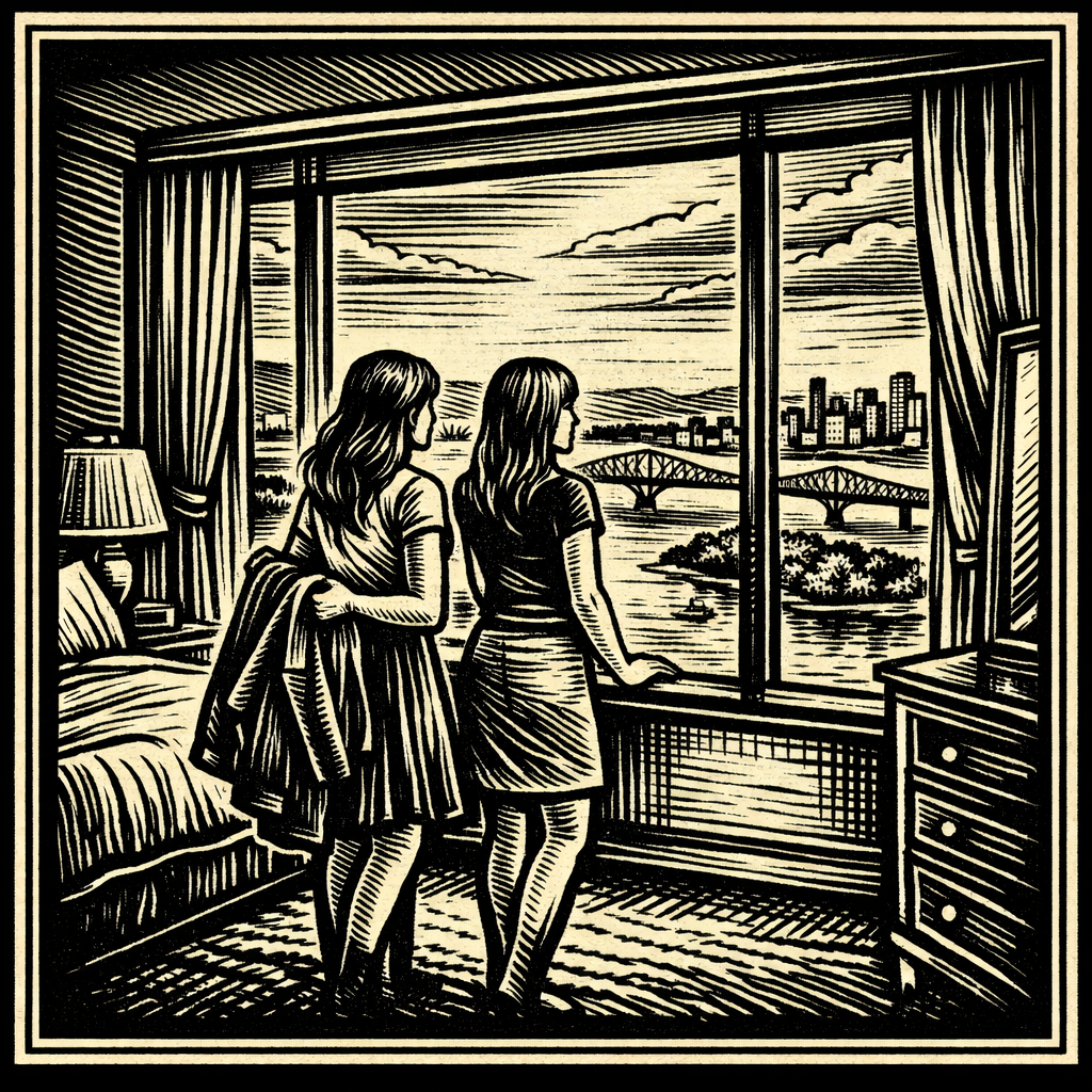Woodcut of sisters looking out window