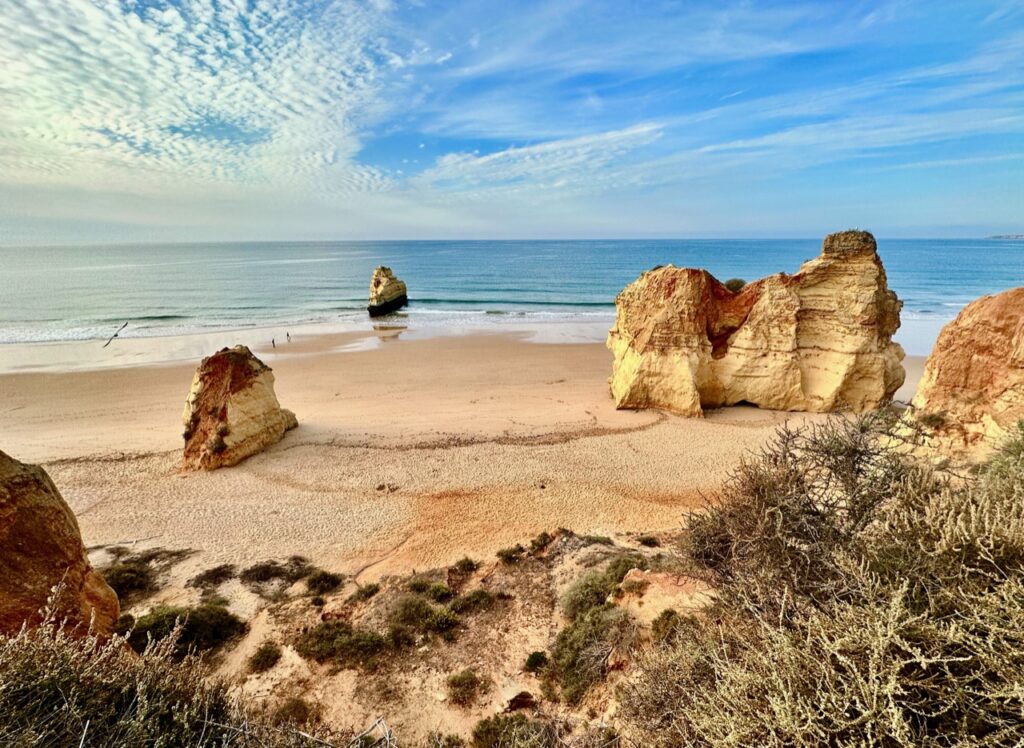 View of Algarve beach rock formations